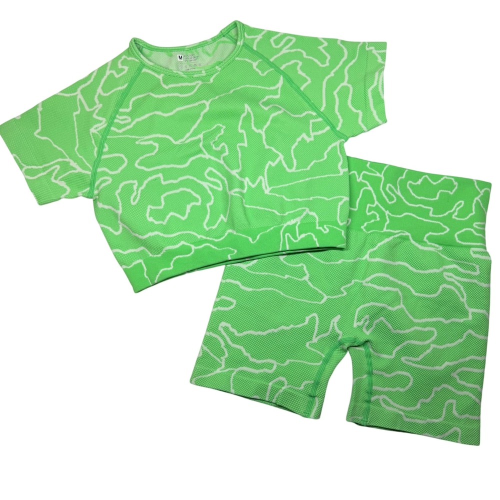 Activewear Set Neon Green Crop Top Biker Shorts Abstract Seamless Medium Art Gym